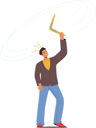 Surprised Man Throwing  Boomerang That Comes Back To Him and Hit his Head  Illustration