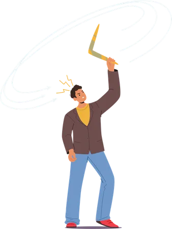 Surprised Man Throwing  Boomerang That Comes Back To Him and Hit his Head  Illustration