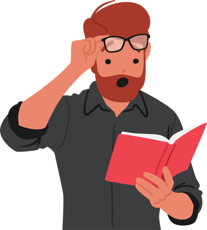 Surprised Man With Glasses And Beard Reading Book  Illustration