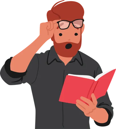 Surprised Man With Glasses And Beard Reading Book  Illustration