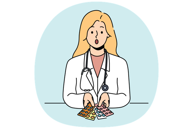 Surprised woman doctor with pills in blisters feels distrustful of drugs that can harm patient  Illustration