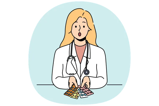 Surprised woman doctor with pills in blisters feels distrustful of drugs that can harm patient  Illustration