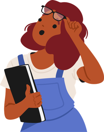 Surprised Woman Holding Notebook And Adjusting Glasses  Illustration