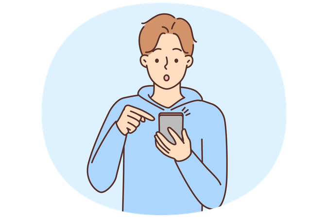 Surprised young man look cellphone screen shocked by message online.  Illustration