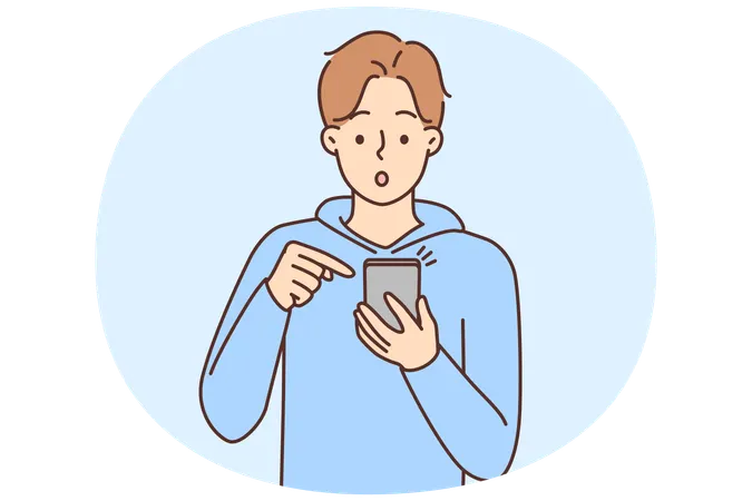 Surprised young man look cellphone screen shocked by message online.  Illustration