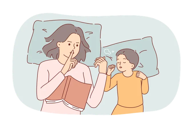 Surprotection de la part d'une mère faisant un geste de silence au lit avec un enfant endormi  Illustration