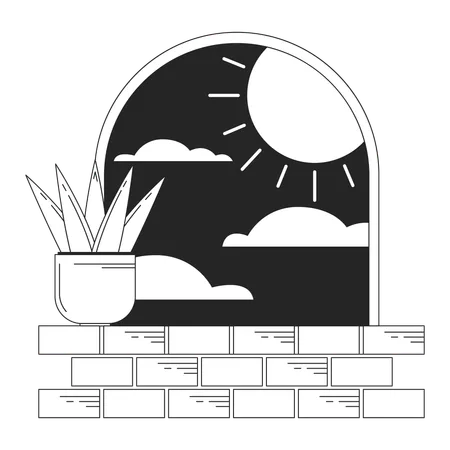 Surreal Arch With Plant On Windowsill Bw Concept Vector Spot Illustration Sun Nighttime 2 D Cartoon Flat Line Monochromatic Scene For Web UI Design Surrealismus Editable Isolated Outline Hero Image Illustration