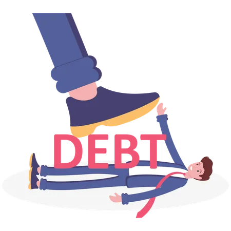 Surrender businessman lying down under the word debt  Illustration