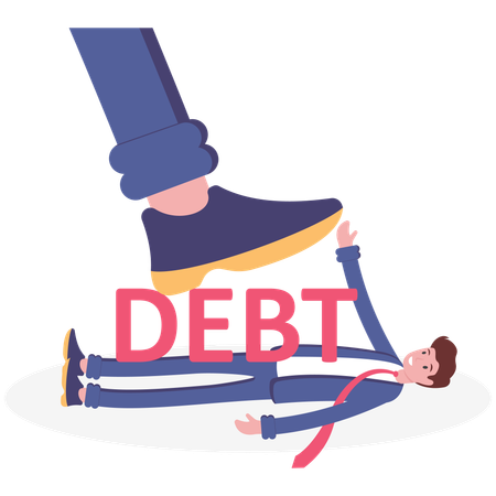 Surrender businessman lying down under the word debt  Illustration