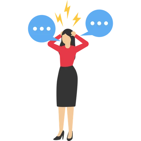 Young Female Character Covering Ears With Hands To Stop Noise With Speech Bubbles Fake News Increases The Concept Of Panic Advertising Noise And Disinformation Illustration