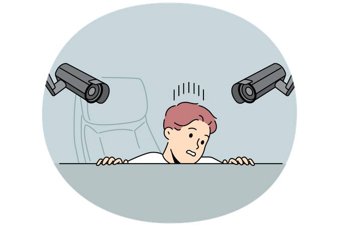 Surveillance cameras above workplace make man feel discomfort  Illustration