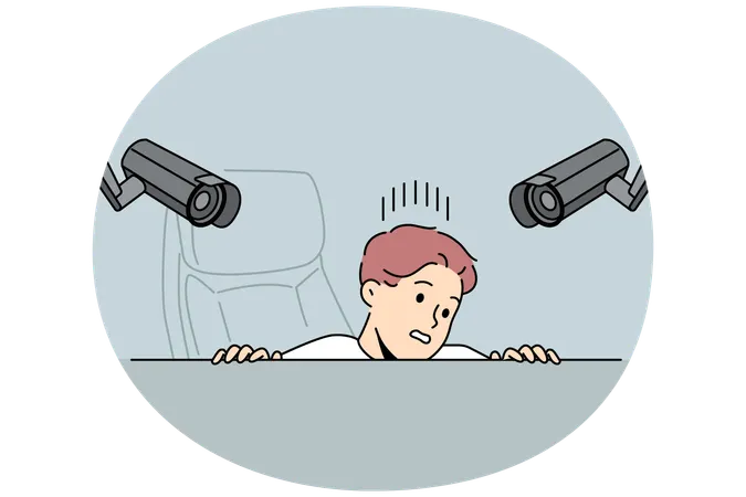 Surveillance cameras above workplace make man feel discomfort  Illustration