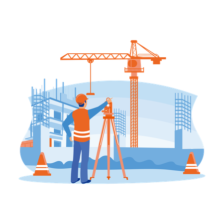 Survey Engineer Working Using Theodolite At Construction Site  Illustration