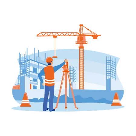 Survey Engineer Working Using Theodolite At Construction Site  Illustration