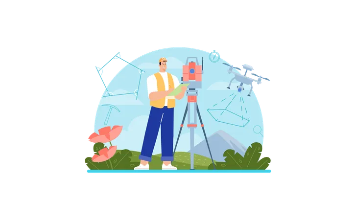 Surveyor Web Banner Or Landing Page Land Surveying Technology Geodesy Science Construction Business Mapmaking And Real Estate Project Flat Vector Illustration イラスト