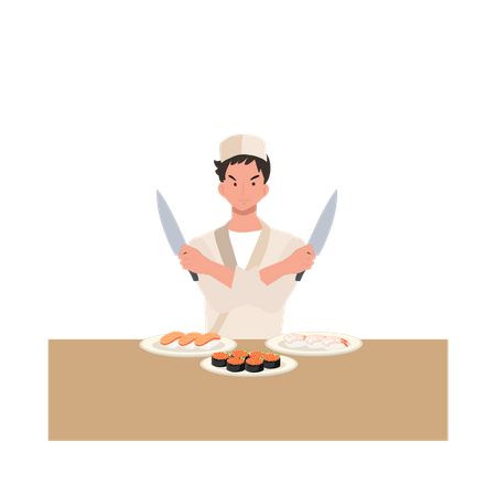 Sushi chef working in a restaurant is cooking Illustration