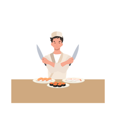 Sushi chef working in a restaurant is cooking  Illustration