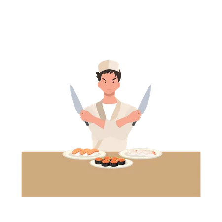 Sushi chef working in a restaurant is cooking  Illustration