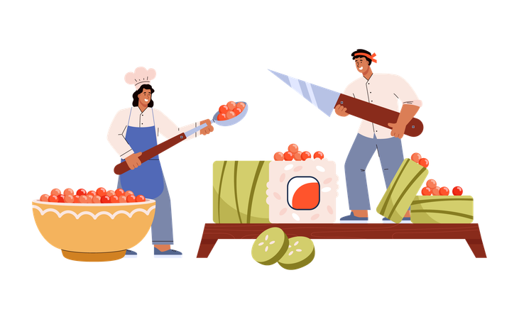 Sushi chefs making delicious rolls with cucumber tobiko and salmon  Illustration