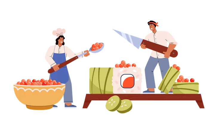 Sushi chefs making delicious rolls with cucumber tobiko and salmon  Illustration