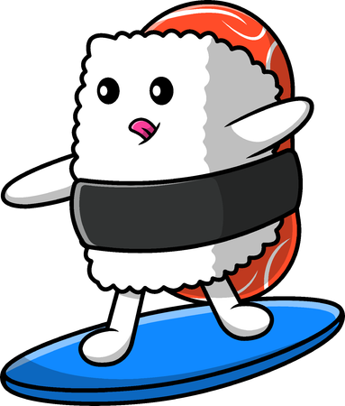 Sushi is surfing with surfboard  Illustration
