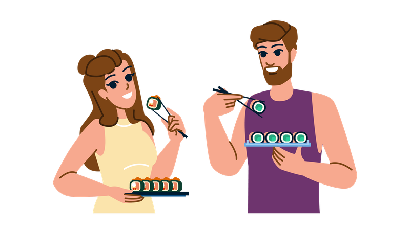 Mujer y hombre comiendo sushi  Ilustración