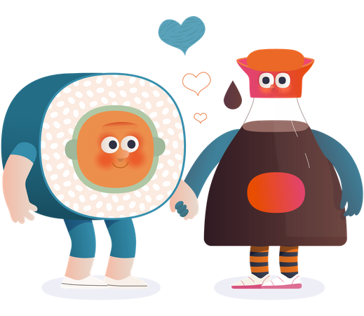 Sushi roll and a bottle of soy Sauce in love  Illustration