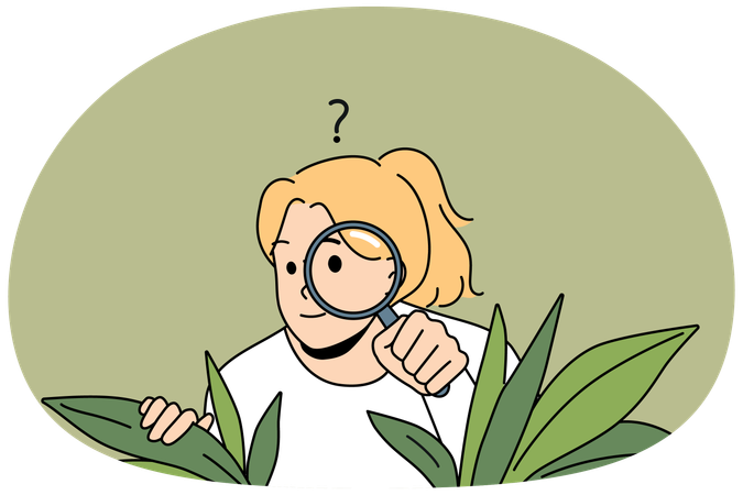 Suspicious girl feel confused and doubtful look with magnifier  Illustration