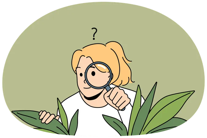 Suspicious girl feel confused and doubtful look with magnifier  Illustration