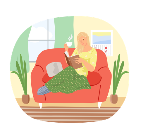 Nette junge Frau im Stuhl liest ein Buch und trinkt Tee  Illustration