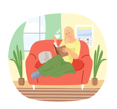 Nette junge Frau im Stuhl liest ein Buch und trinkt Tee  Illustration