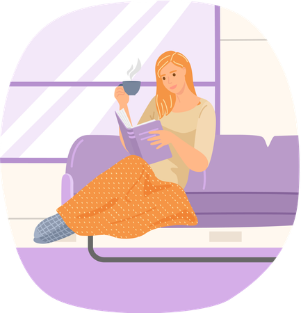 Nette junge Frau im Stuhl liest ein Buch und trinkt Tee  Illustration