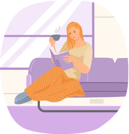 Nette junge Frau im Stuhl liest ein Buch und trinkt Tee  Illustration