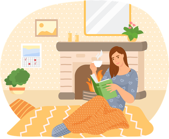 Nette junge Frau im Stuhl liest ein Buch und trinkt Tee  Illustration
