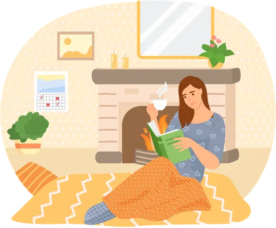 Nette junge Frau im Stuhl liest ein Buch und trinkt Tee  Illustration