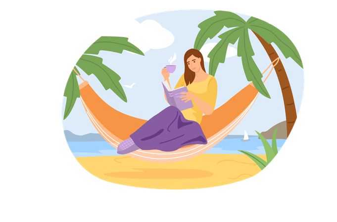 Nette junge Frau im Stuhl liest ein Buch und trinkt Tee  Illustration