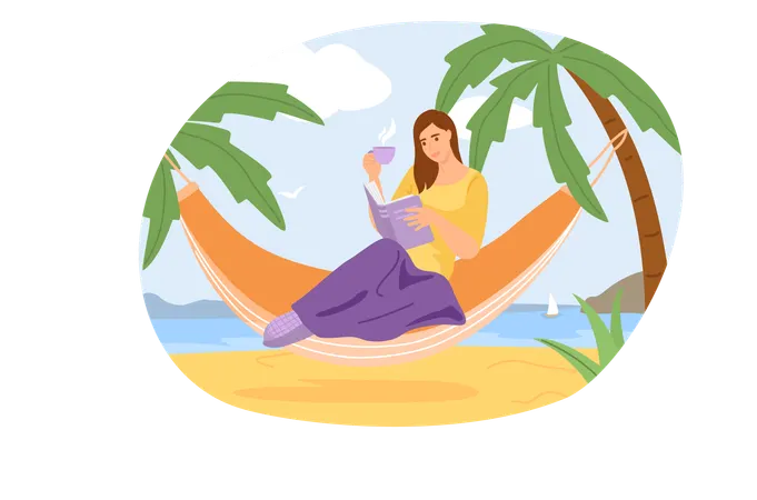 Nette junge Frau im Stuhl liest ein Buch und trinkt Tee  Illustration