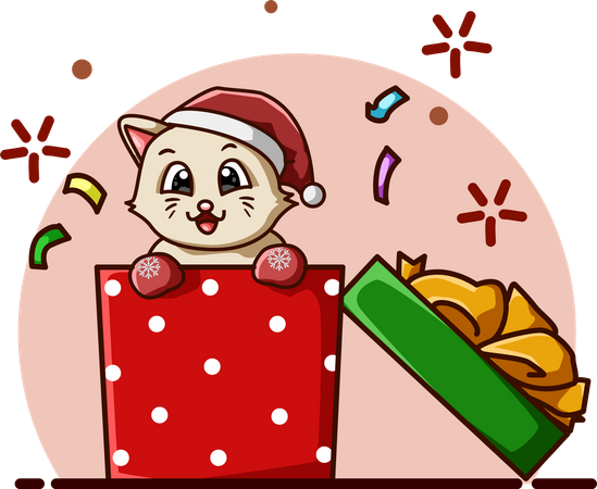 Süße Katze mit Hut im Weihnachtsgeschenk  Illustration