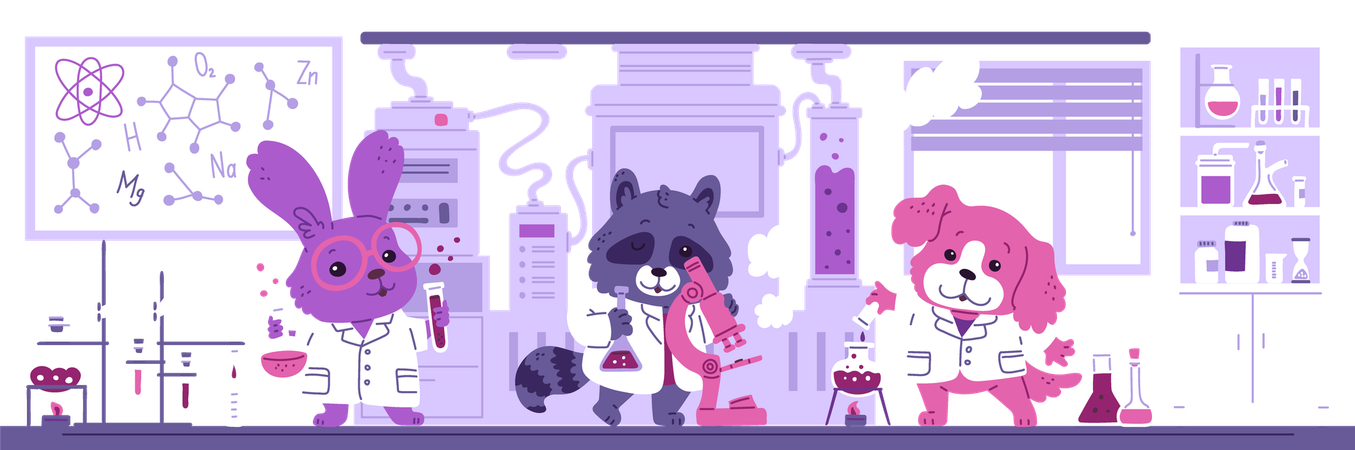 Niedlicher Hase-Hund-Tierwissenschaftler hält Röhrchen mit Chemikalien und macht Experimente im wissenschaftlichen Labor  Illustration
