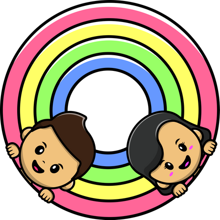 Niedlicher Junge und Mädchen auf Regenbogen  Illustration