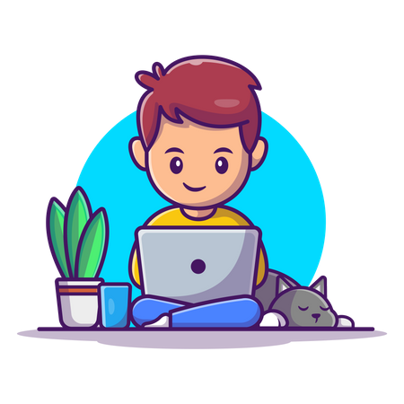 Netter kleiner Junge arbeitet am Laptop  Illustration