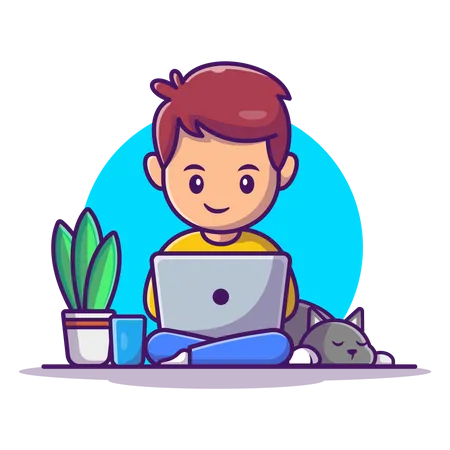 Netter kleiner Junge arbeitet am Laptop  Illustration