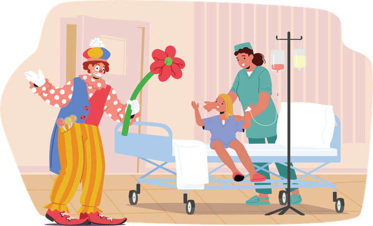 Netter lustiger Clown gratuliert kleinen Mädchen beim Kampf gegen den Krebs  Illustration