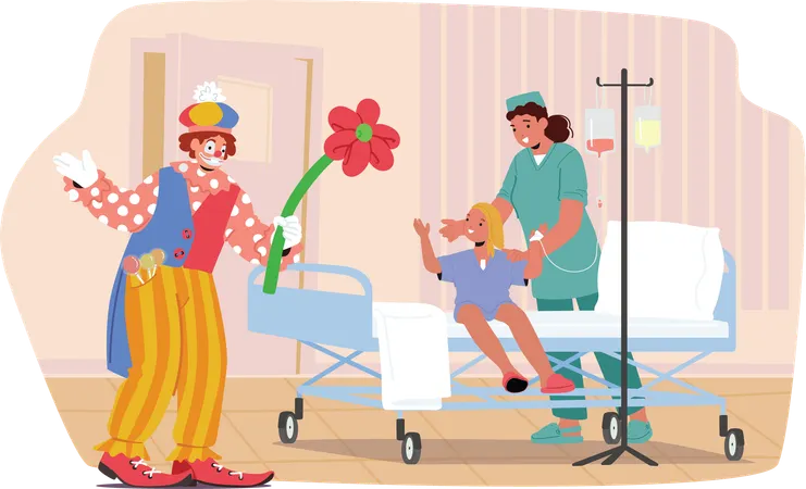 Netter lustiger Clown gratuliert kleinen Mädchen beim Kampf gegen den Krebs  Illustration