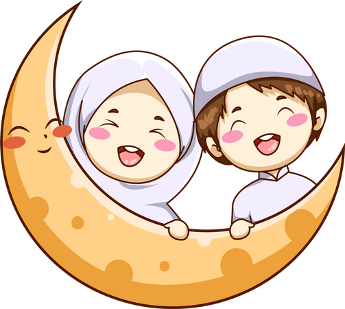 Niedlicher muslimischer Junge und Mädchen mit Mond  Illustration