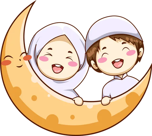 Niedlicher muslimischer Junge und Mädchen mit Mond  Illustration