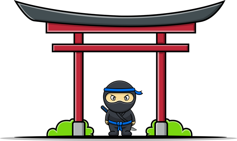 Niedlicher Ninja mit japanischem Torii-Tor  Illustration