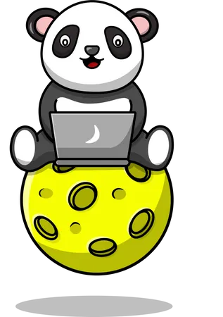 Niedlicher Panda sitzt auf dem Mond und benutzt Laptop  Illustration