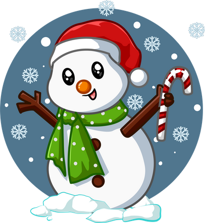 Niedlicher Schneemann bringt Süßigkeiten zu Weihnachten im Winter  Illustration