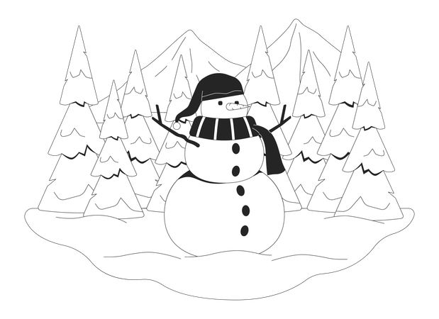 Niedlicher Schneemann inmitten verschneiter Wälder und Berge  Illustration